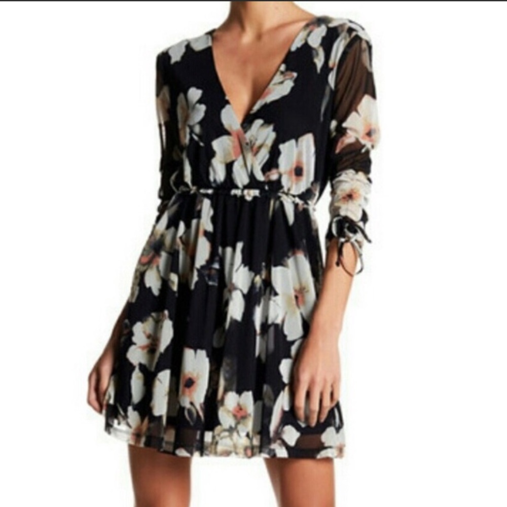 LUSH Floral Wrap Front Dress Ruffle Black M